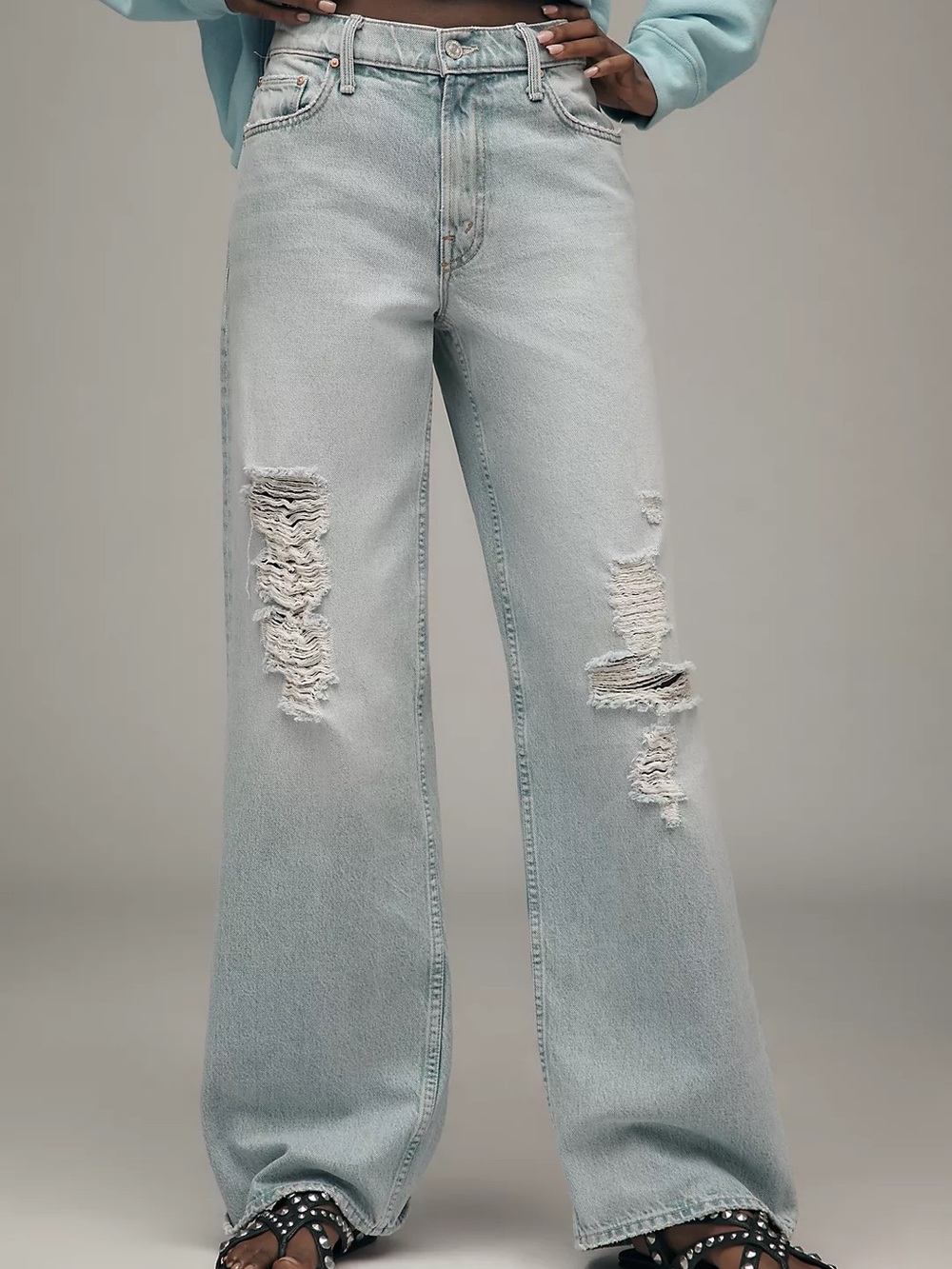 MOTHER Light Blue Distressed Wide-Leg Jeans - Picture 2 of 11